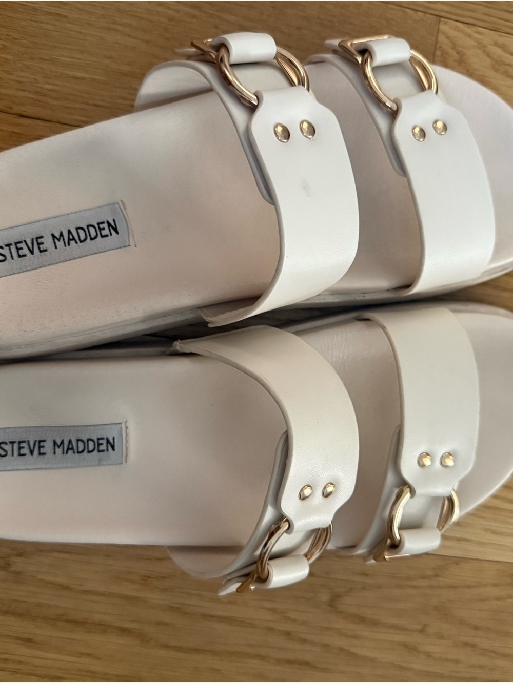 Steve Madden Cream Slide Sandals with Gold Ring Accents